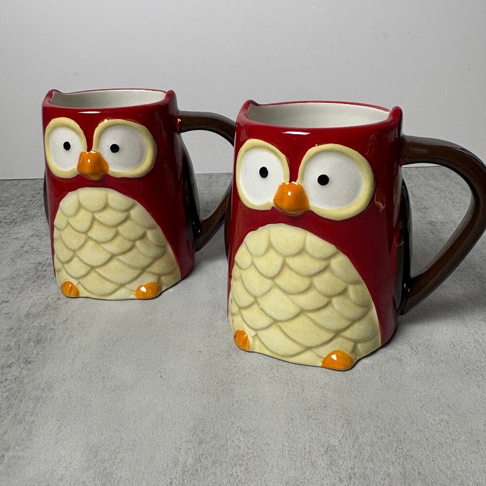 Tag Brand 3D Ceramic Stoneware Hand-Painted Red Owl Coffee Tea Mugs
